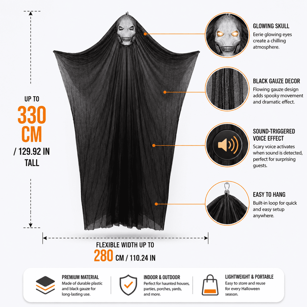 Diceymbol Halloween Decorations Outdoor, 10.83 ft Large Sound Activated Light up Skull Ghost Prop with Extra Long Black Gauze for Porch Entryway Tree Yard Party Decor