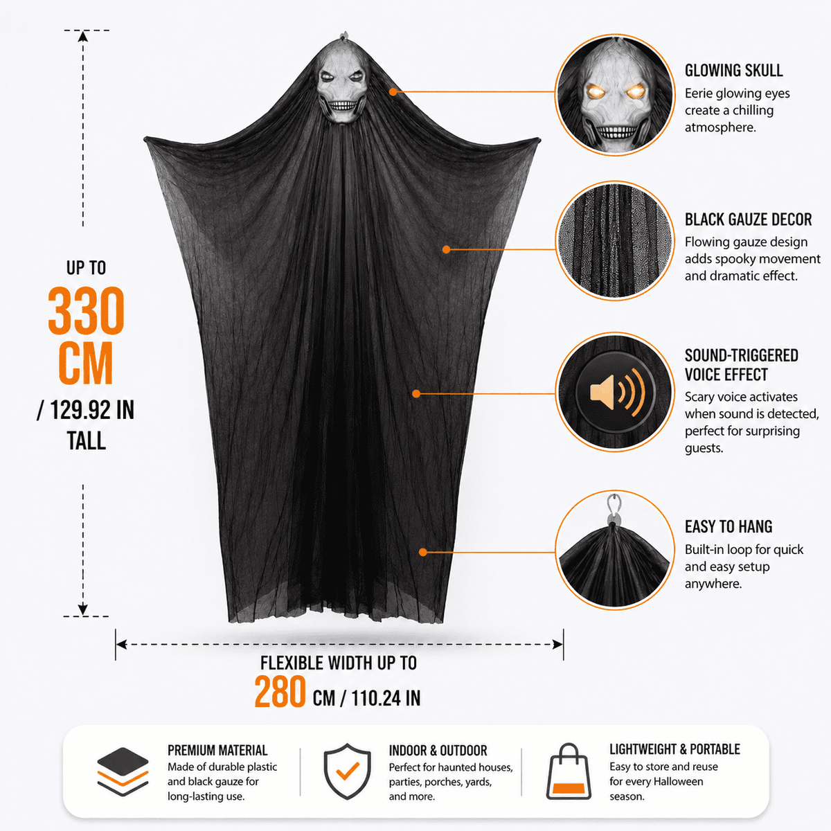 Diceymbol Halloween Decorations Outdoor, 10.83 ft Large Sound Activated Light up Skull Ghost Prop with Extra Long Black Gauze for Porch Entryway Tree Yard Party Decor