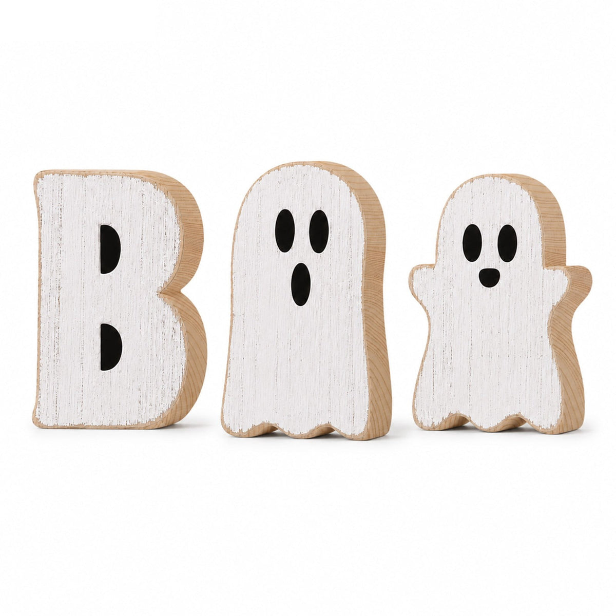 Miwamany 3 Pack Spooky Cute Ghost Wooden Figurine Set, Freestanding Lightweight Tabletop Ornament, Reusable Festival Decor for Home Kitchen Office Tiered Tray Halloween Centerpiece