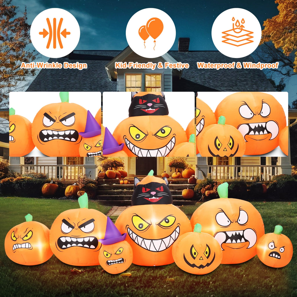 Halloween Inflatables Outdoor, 8FT Long Cute & Lighted Blow Up Decoration Pumpkin Family with Witch Hat, Large Halloween Inflatables Decorations with Lights for Yard, Holiday, Home