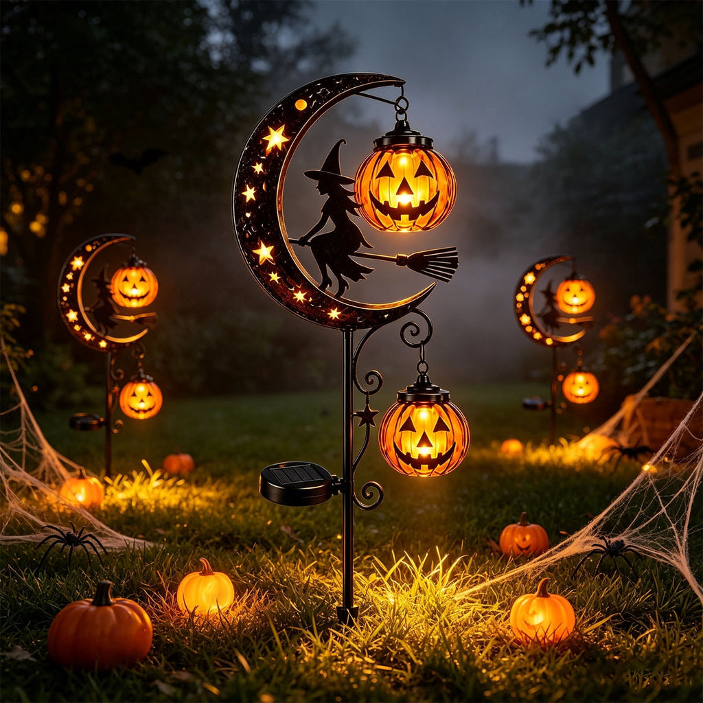 Solar Halloween Garden Stake Light, Bats & Spooky Ghosts Waterproof Solar Lantern Stake with Hanging Pumpkin, Outdoor Halloween Yard Decor for Garden Patio Lawn Pathway