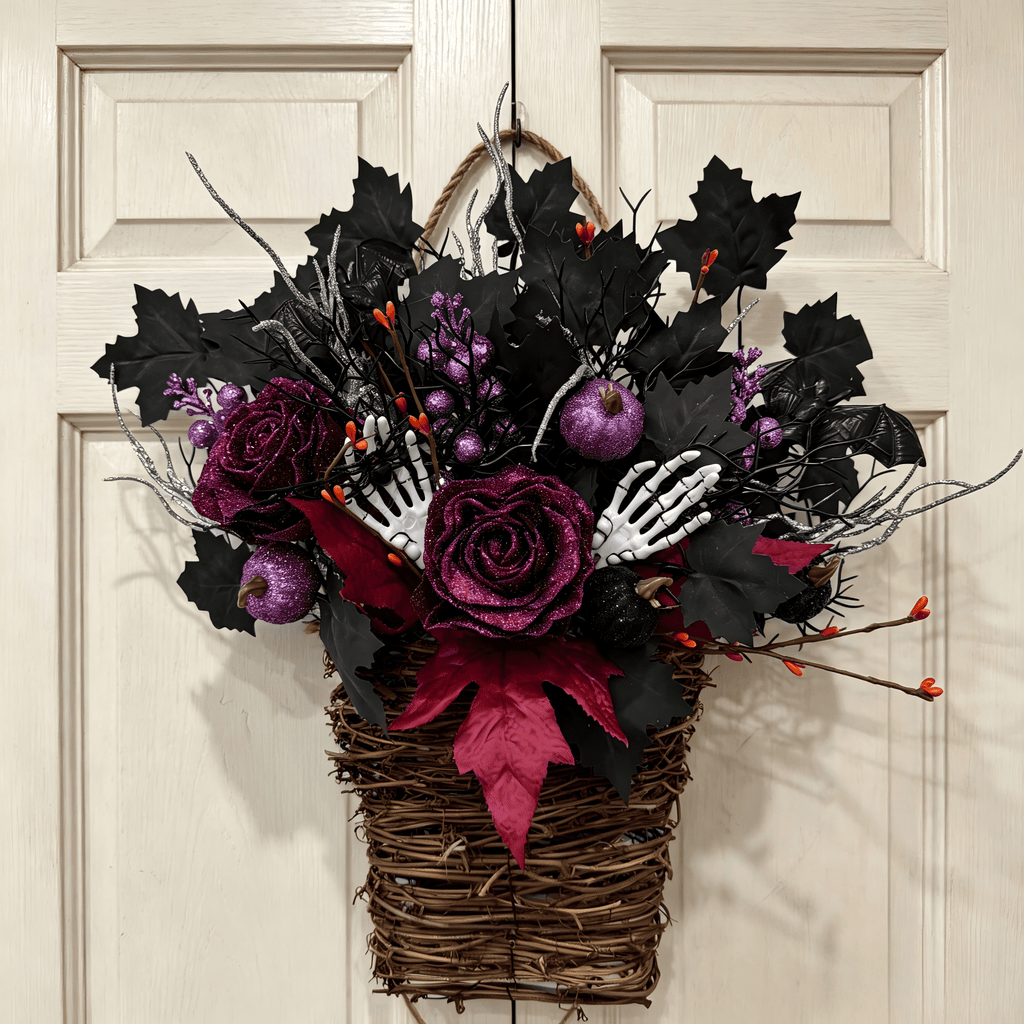 Halloween Wreaths for Front Door 15 Inch Halloween Hanging Basket Decor with Roses & Pumpkins for Wall, Porch, Halloween Party & Gift