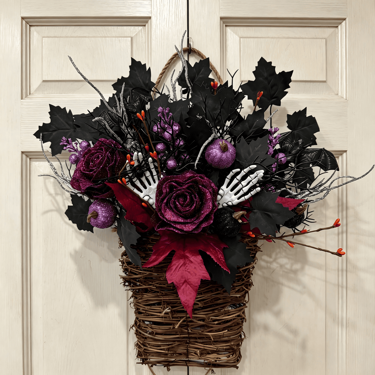 Halloween Wreaths for Front Door 15 Inch Halloween Hanging Basket Decor with Roses & Pumpkins for Wall, Porch, Halloween Party & Gift