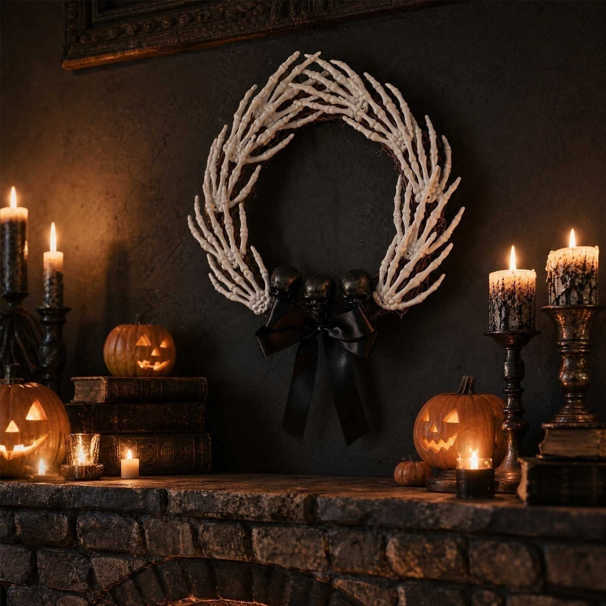 14 Inch Halloween Wreaths for Front Door,Gothic Spooky Skeleton Hands Wreath with Skull Bow for Halloween Decorations Indoor Outdoor Mantel Wall Window Table Porch Fall Home Party Supplies