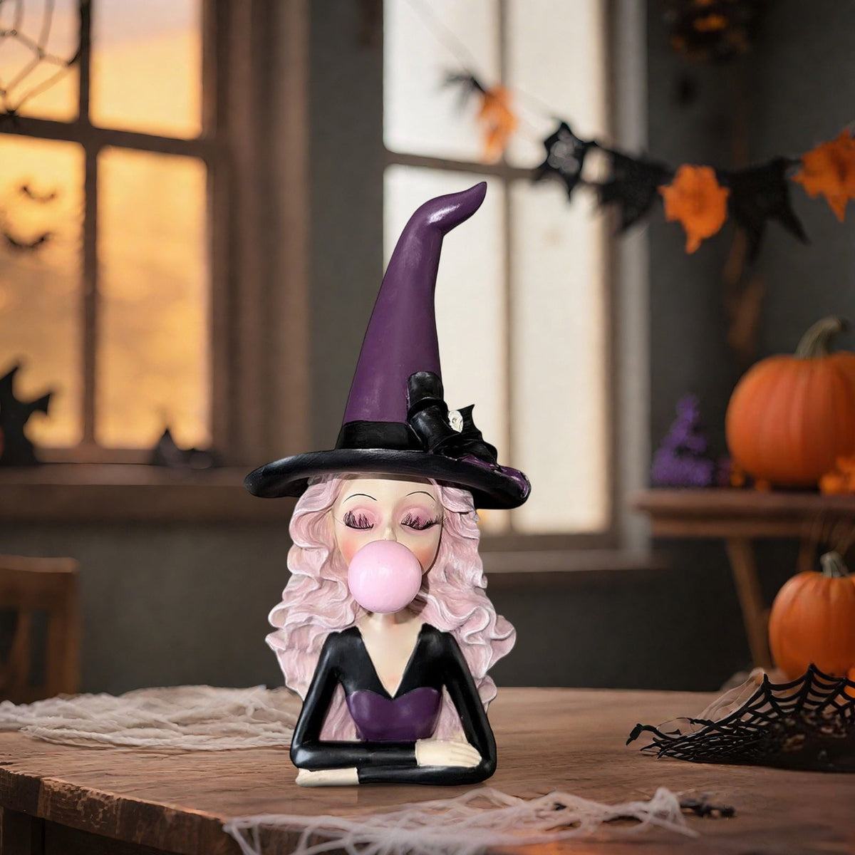 Halloween Ghost Figurine, Ghost Girl with Pink Bow & Hot Drink, Funny Ghost Statue Halloween Decor for Gift, Cute Spooky Tabletop Ornament for Home, Mantle, Desk & Party Decoration