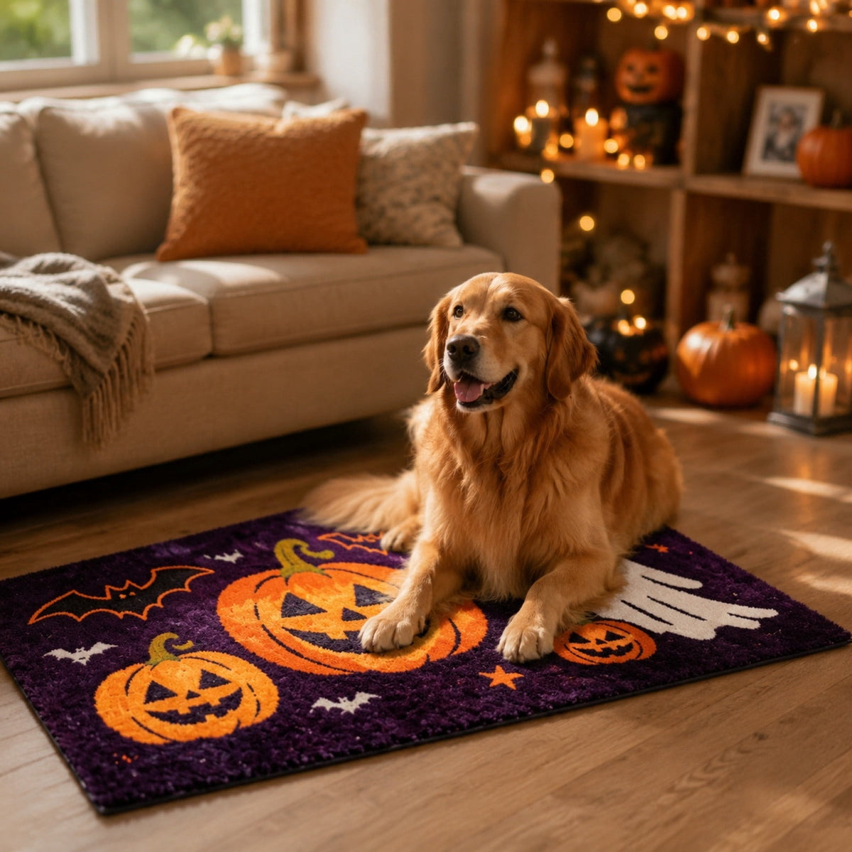 Halloween Pet Mat Faux Wool 60x40cm Black Ghost Door Mat for Dirty Feet Non Slip Entryway Rug for Dogs Cats Indoor Use