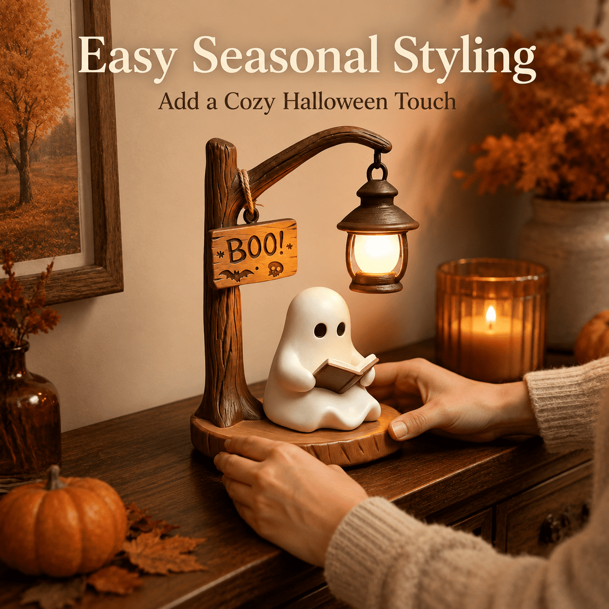 Diceymbol 11.81 Inch Halloween Ghost Night Light, Witch Hat Ghost Lamp with Jack O Lantern, Halloween Decorations Indoor for Table Mantel Party Decor