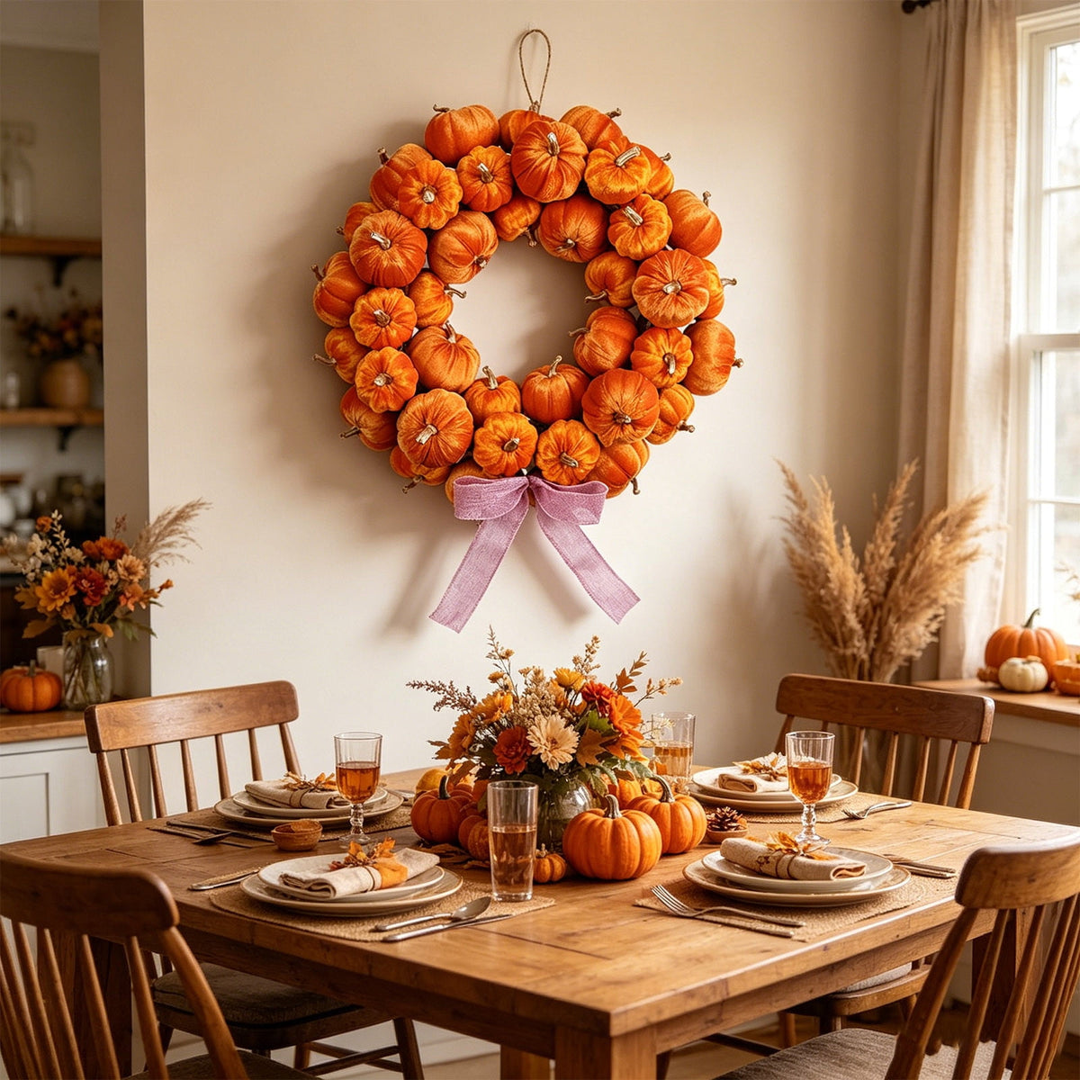 Deeceymbur Artificial Fall Pumpkin Wreath with Bow Harvest Front Door Halloween Thanksgiving Wall Decor