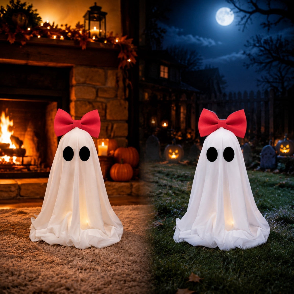 Clearance! Halloween Yard Decorations Light Up Ghost with Bow for Outdoor Front Porch Patio Lawn Garden Entryway Scary House Display Spooky Holiday Party Prop Home Decor