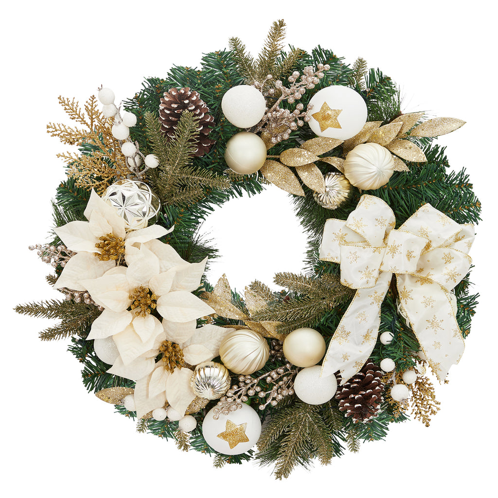 JoanKaren 24 inch Large Christmas Wreath Silver White with 20 LED Lights,Prelit Xmas Wreath w/ Ball Ornaments Pine Cone