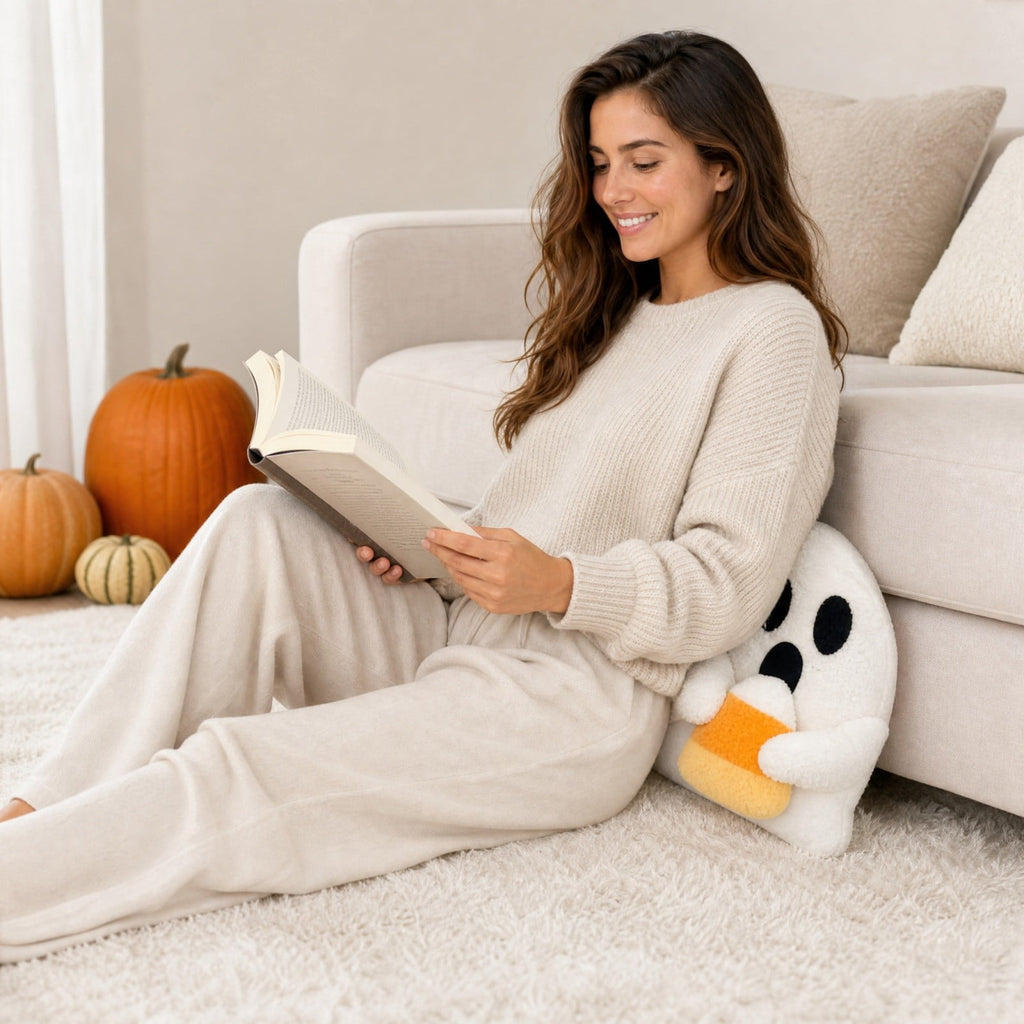 Cute Reading Ghost Plush Throw Pillow, Halloween Book & Pumpkin Bucket Ghost Stuffed Cushion, Spooky Season Decorative Pillow, for Sofa, Bedroom, Party Decor