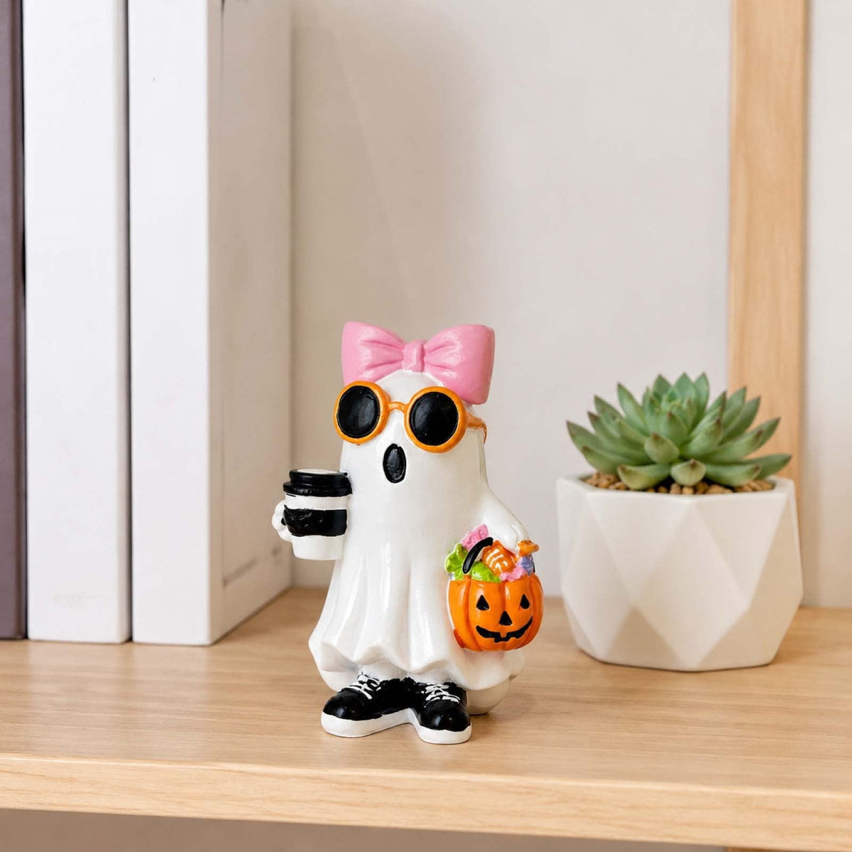 Halloween Ghost Figurine, Ghost Girl with Pink Bow & Hot Drink, Funny Ghost Statue Halloween Decor for Gift, Cute Spooky Tabletop Ornament for Home, Mantle, Desk & Party Decoration
