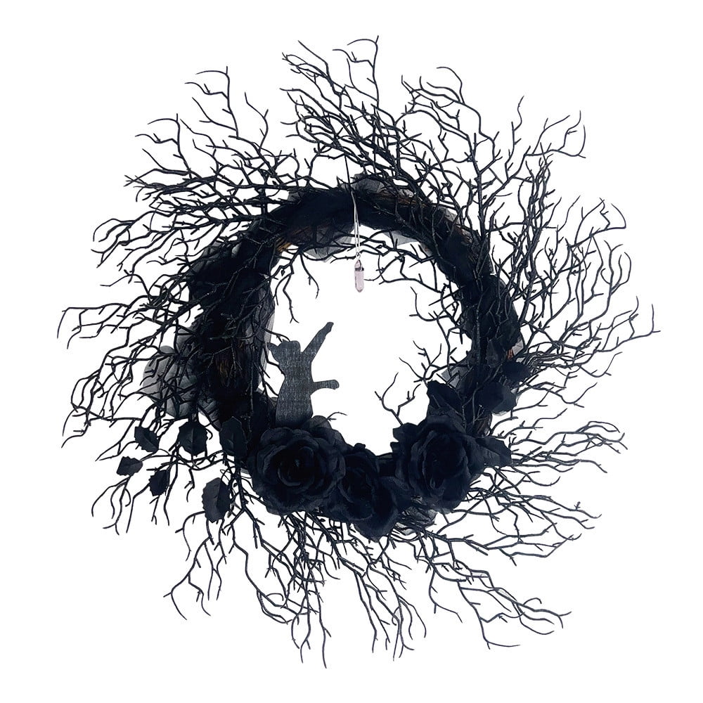 Dark Gothic Halloween Wreath 16 Inch Black Roses Ghost Crystal Door Decor