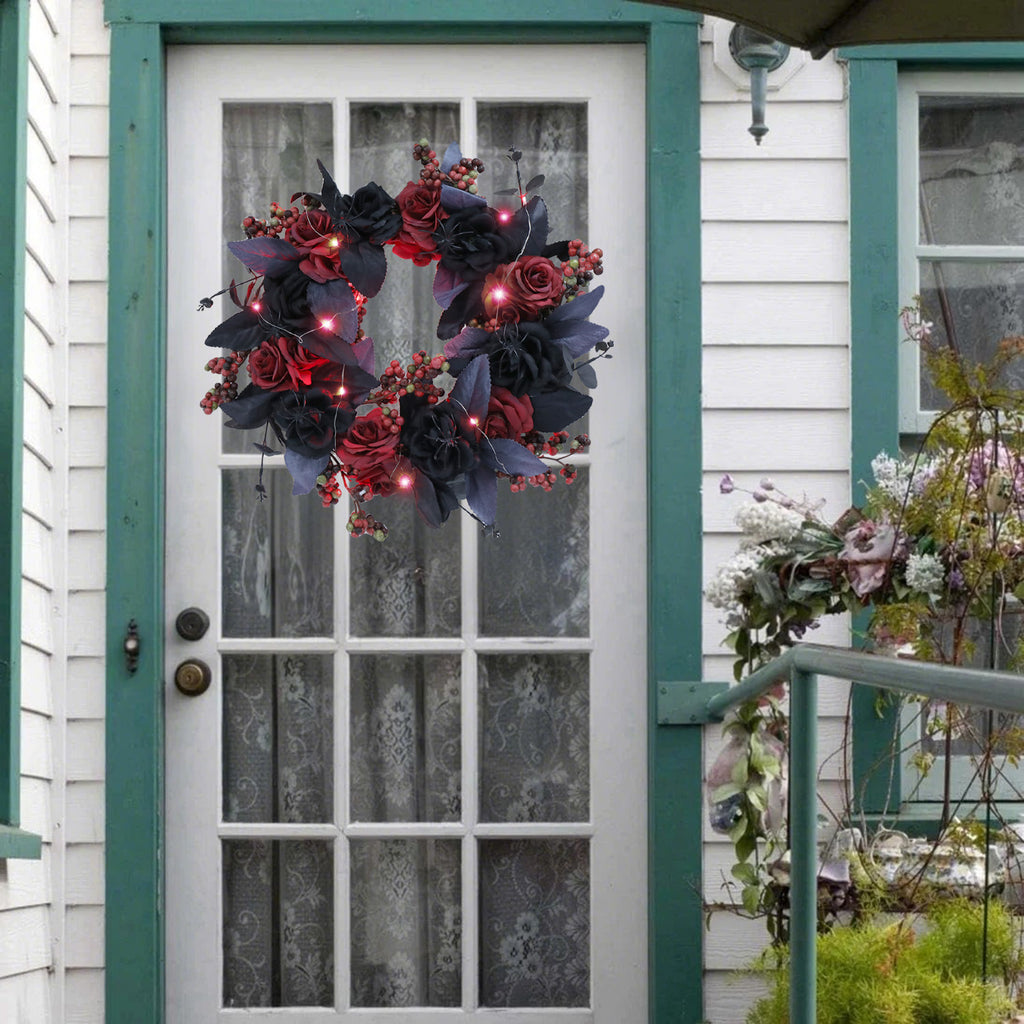 Halloween Decorative Wreath With Lights for Front Door,Black Red Rose Wreaths,15" Berries Wreaths Decor with Black Leaves Garland Ornament for Wall,Porch,Window,Indoor Outdoor Halloween Accessories