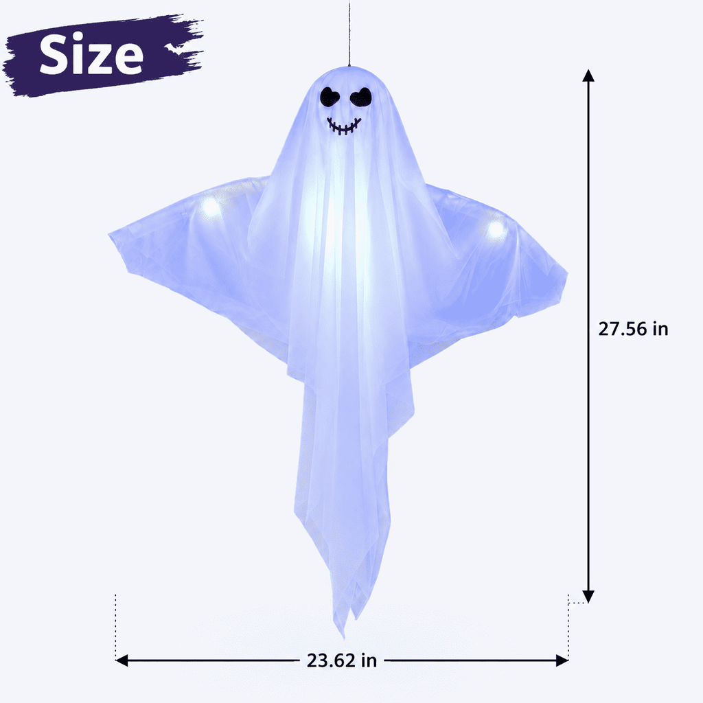 Clearance Light Up Hanging Ghost Decor, White Gauze Ghost Ornament with Blue LED Lights, Halloween Hanging Decoration for Front Door Porch Yard Tree Party Indoor Outdoor