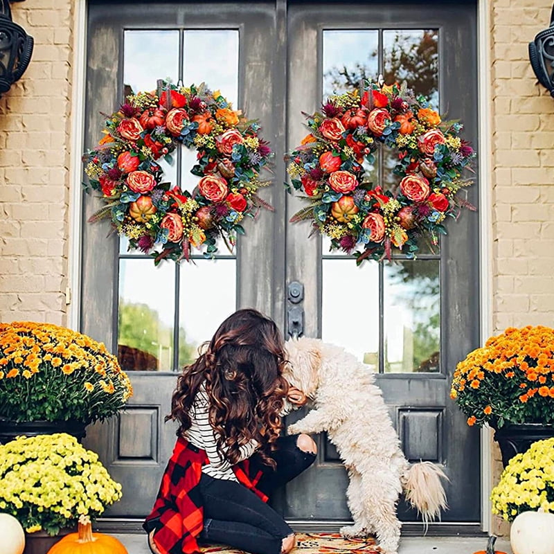 Yucurem Fall Peony Pumpkin Wreath for Front Door, 15.74" Artificial Autumn Harvest Pumpkin Wreath for Halloween Thanksgiving Harvest Mantle Porch Wall Window Decor
