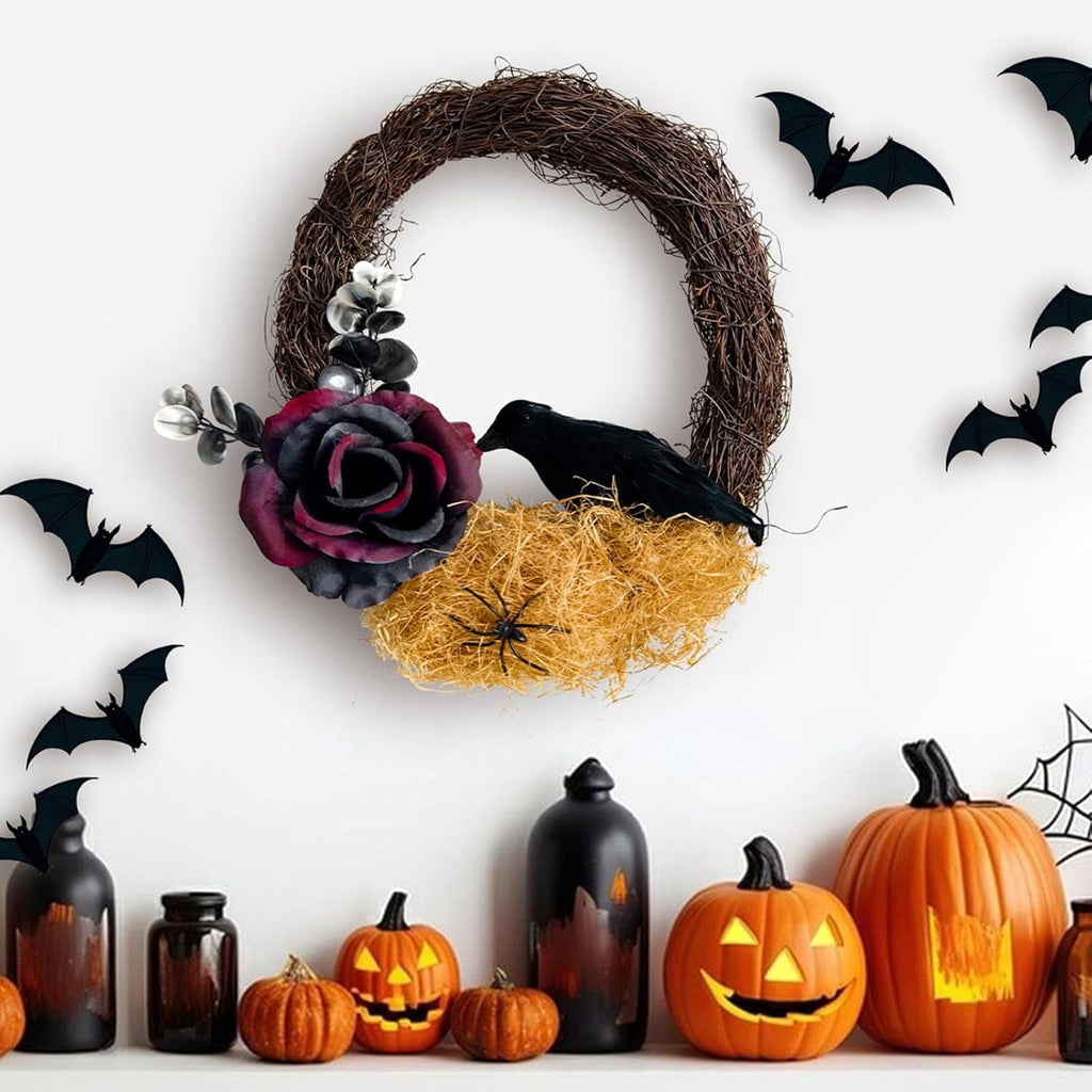 Halloween Wreath, 10 Inch Halloween Garland with Crow Vines, Artificial Dead Branch Wreath with LED Light, Halloween Home Party Decor Sturdy Build, for Porch Window Wall Decor