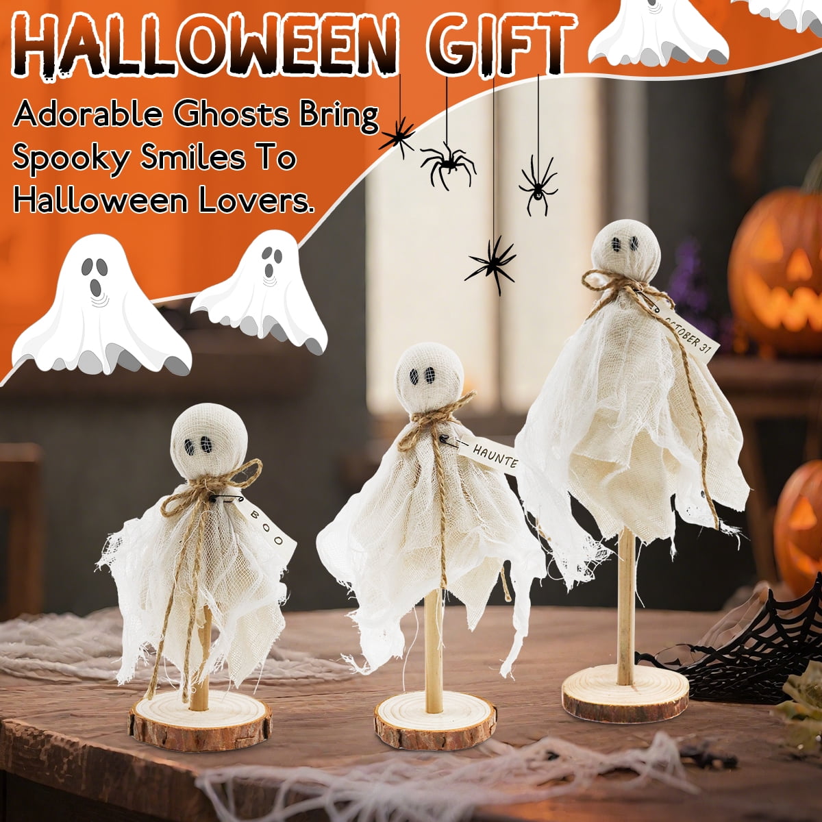 Halloween Decoration Indoor Primitive Halloween Wooden Cute Ghosts Decor Halloween Party Decorations for Table Centerpieces Shelves Mantels 3 Pcs
