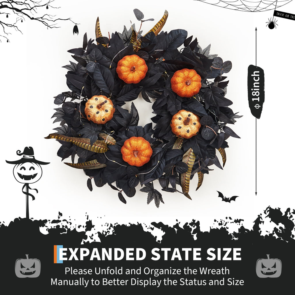 Festisoul Halloween Pumpkin Wreath for Front Door, 18'' Fall Wreath, Rattan Bottom Halloween Indoor Outdoor Decorations for Home, Party, Fireplace