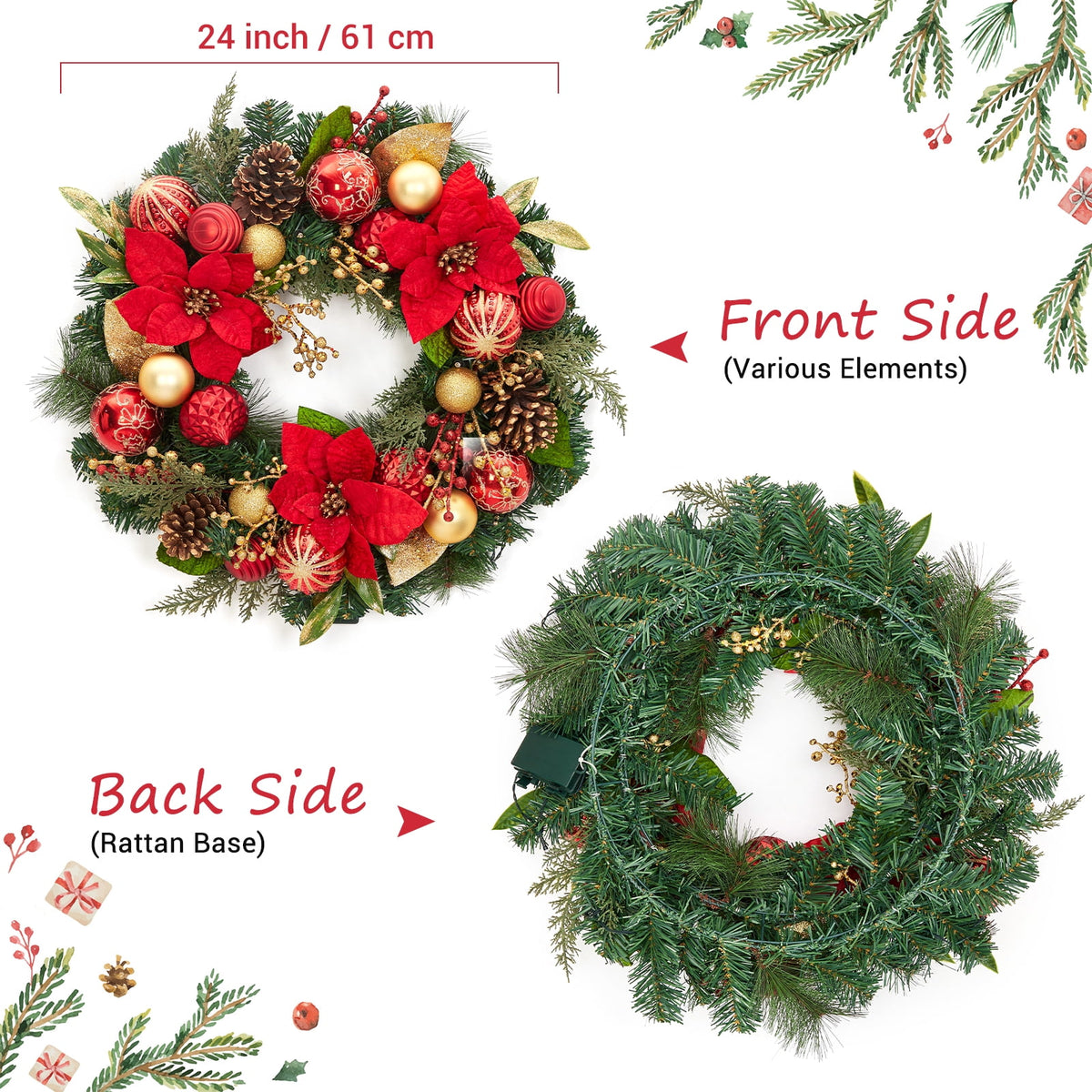 JoanKaren 24 inch Large Christmas Wreath Silver White with 20 LED Lights,Prelit Xmas Wreath w/ Ball Ornaments Pine Cone