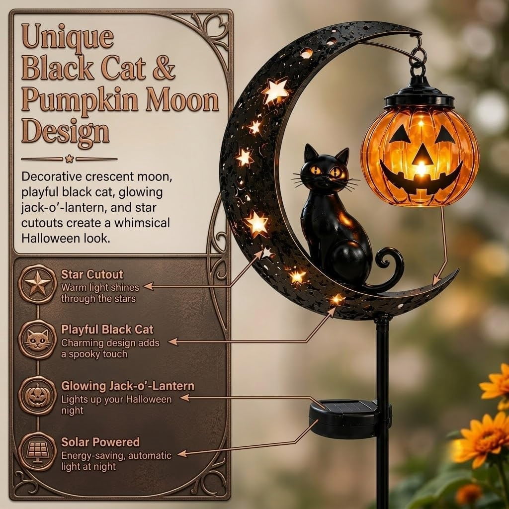 Clearance Halloween Solar Black Cat & Pumpkin Moon Garden Stake Light, Outdoor Waterproof LED Yard Decoration with Crescent Moon, Hanging Jack-o'-Lantern Lantern for Garden, Patio, Walkway, Porch