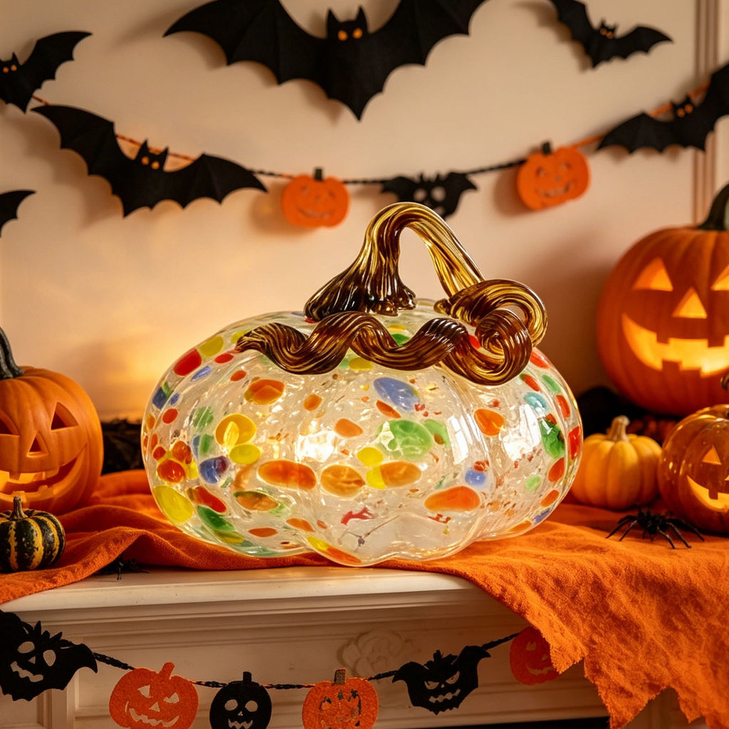 Fall Decor Halloween Pumpkin Decorations Hand Blown Glass Pumpkin Figurine Colorful Speckled Art Glass Pumpkin with Twisted Stem Tabletop Centerpiece for Home Desk Mantel