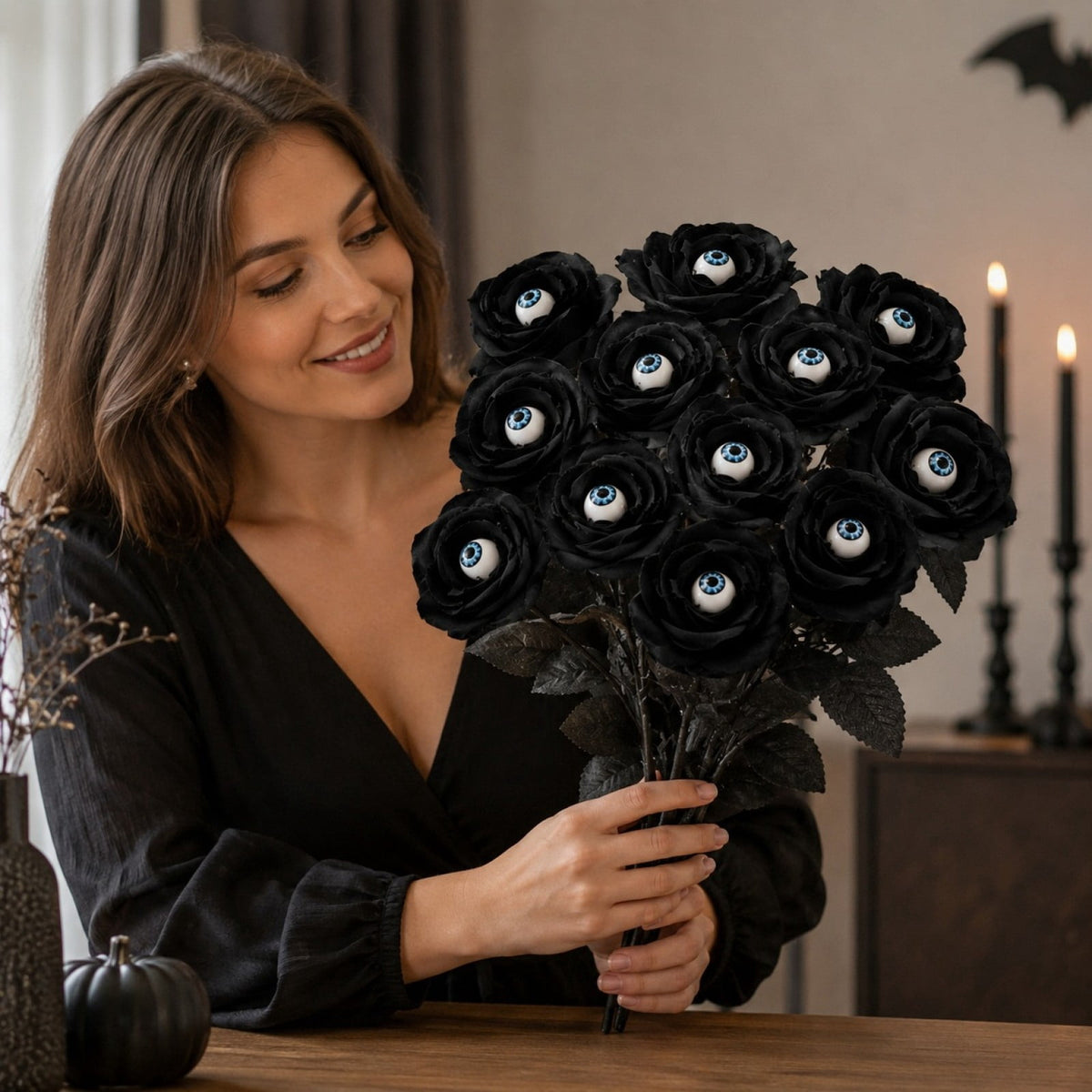 Halloween Artificial Rose Flower with Skull Head, Fake Silk Rose Bouquet, Red or Black Roses with Mini Skull