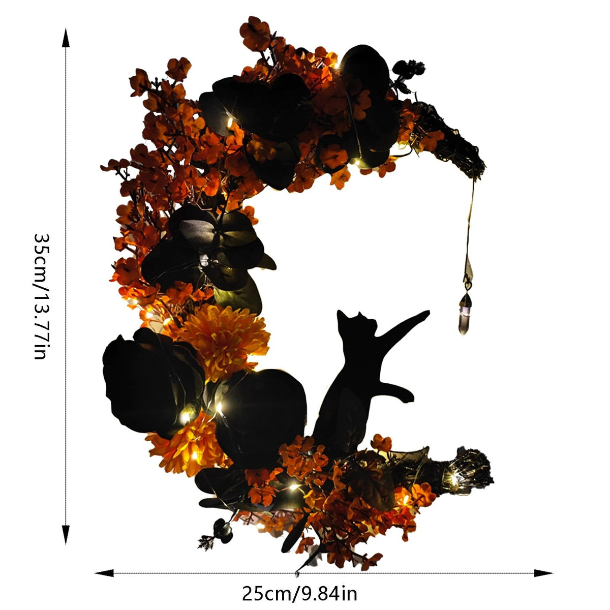 Halloween Moon & Cat Wreath with Lights - Gothic Black Branch Wreath for Front Door, Indoor/Outdoor Spooky Decor with LED Illumination