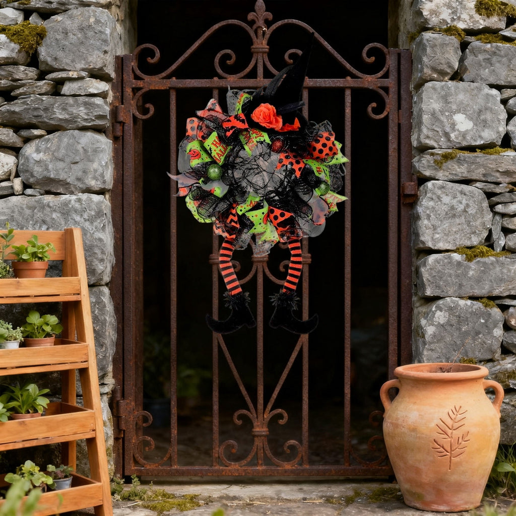 DGMIOCS Halloween Door Witch Wreaths,Burlap Outdoor Front Door Witch Wreath for Home Indoor Outdoor Party