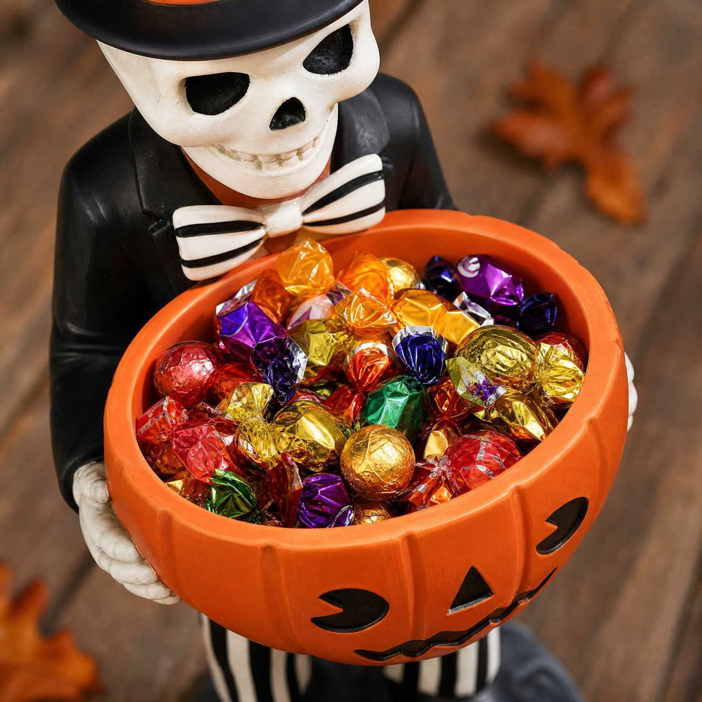 Lighted Halloween Ghost Candy Bowl, Cute LED Ghost Holding Pumpkin Candy Bucket for Trick or Treat, Outdoor Halloween Decorations for Front Porch, Indoor Yard Patio Halloween Decor