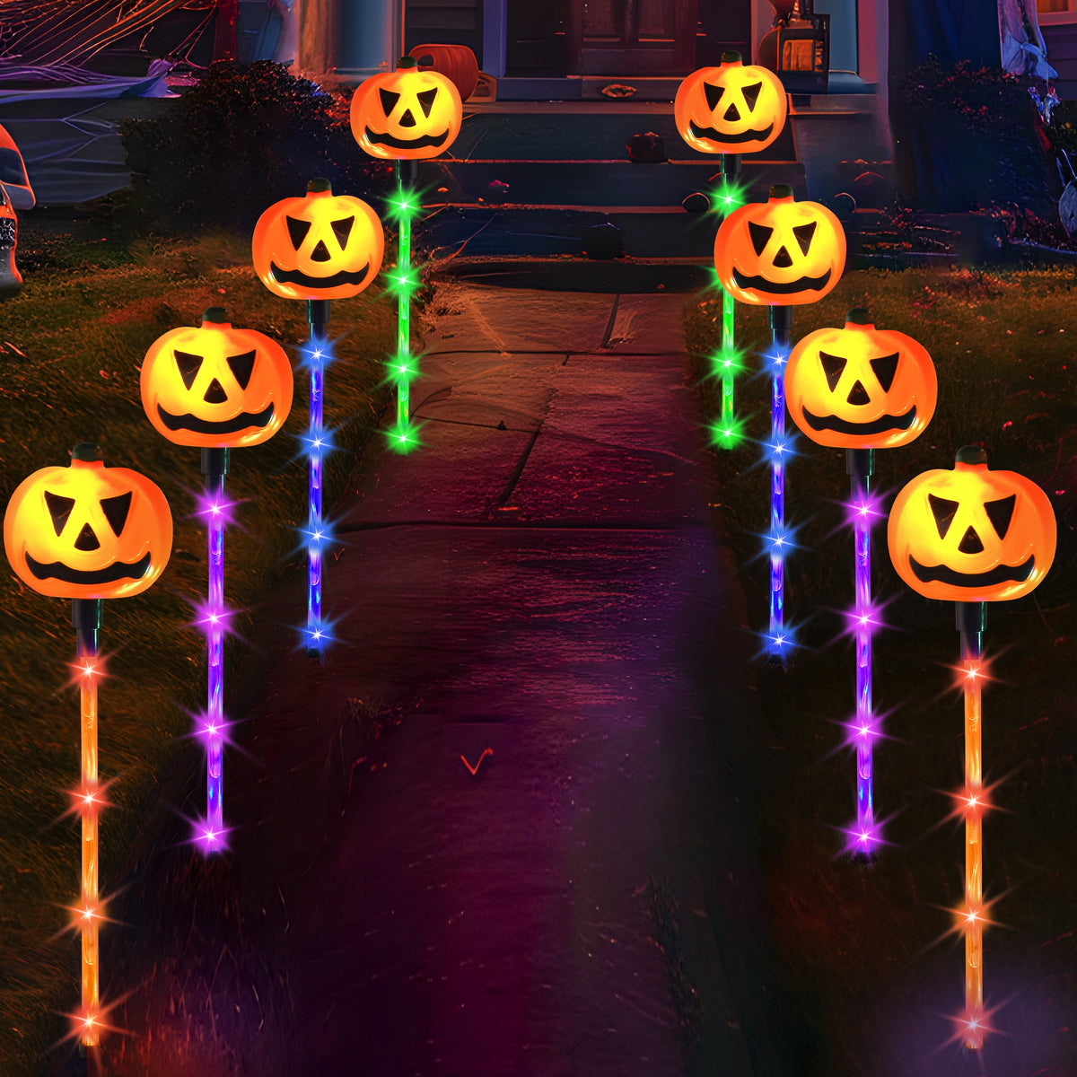 Joyfy 3 Pack 3D Halloween Skull Head Pathway Lights Decorations Outdoor, Battery Operated Spooky Skeleton Decor with 3 Stakes for Home Front Porch Yard Decor