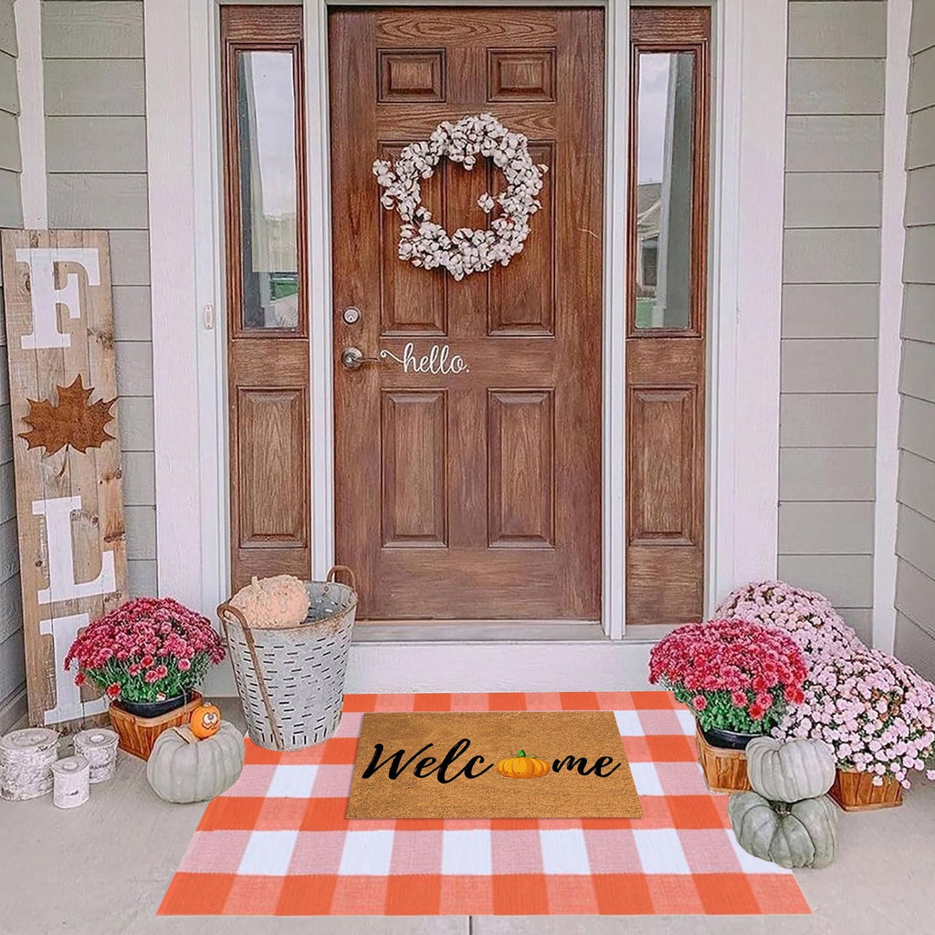 Fnochy Halloween Door Mat Outdoor 23.6"x35.4", Fall Decor Buffalo Plaid Outdoor Rug, Farmhouse Checkered Layered Welcome Door Mat for Entryway, Halloween Front Porch Decor, Orange and White