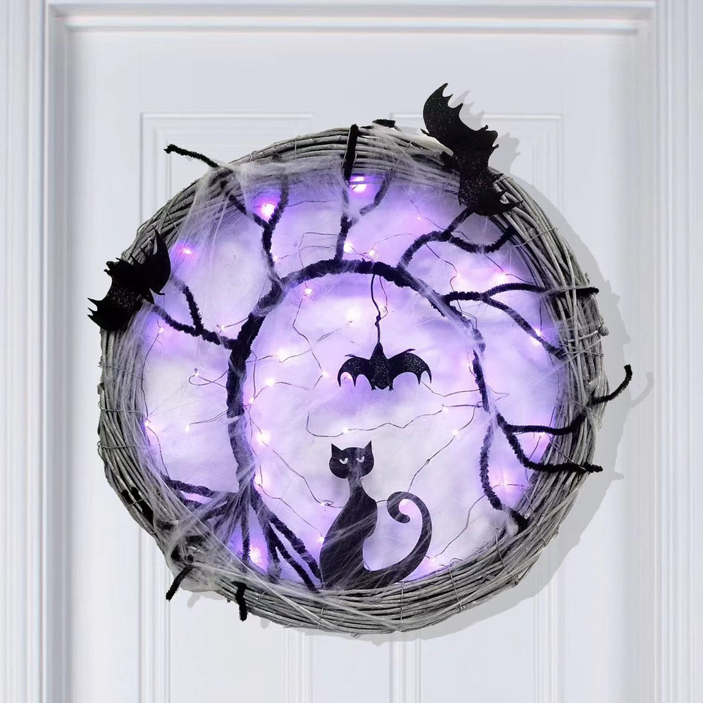 Wiher 18.8Inch Lighted UP Bat and Cat Halloween Wreath Decoration with Purple LED Lights,Battery Operated Horror Black Wreath Halloween Porch Decor