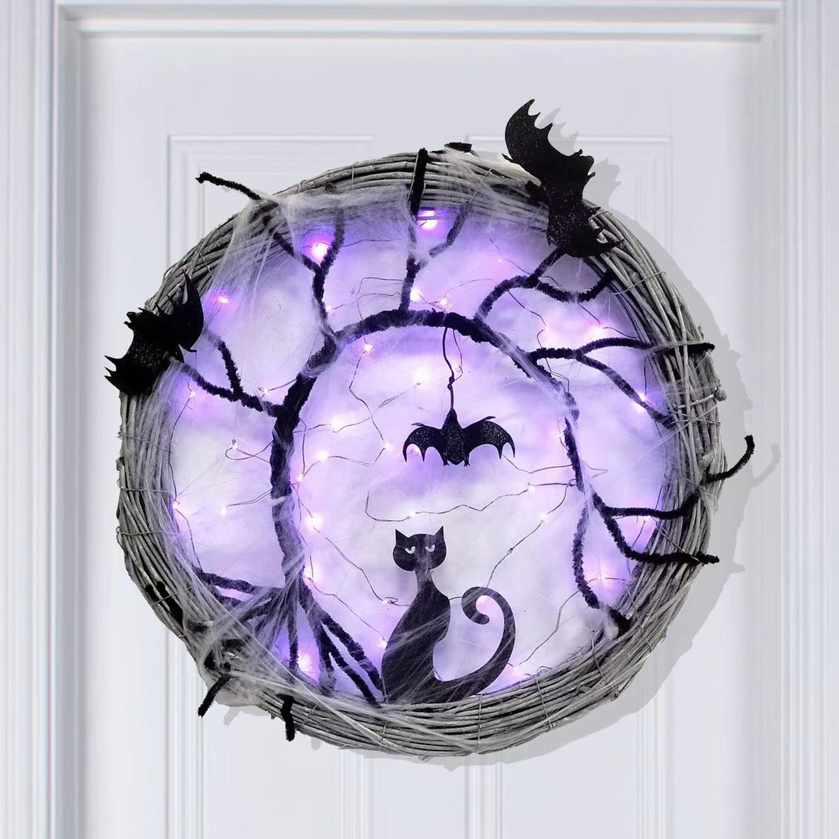 Wiher 18.8Inch Lighted UP Bat and Cat Halloween Wreath Decoration with Purple LED Lights,Battery Operated Horror Black Wreath Halloween Porch Decor