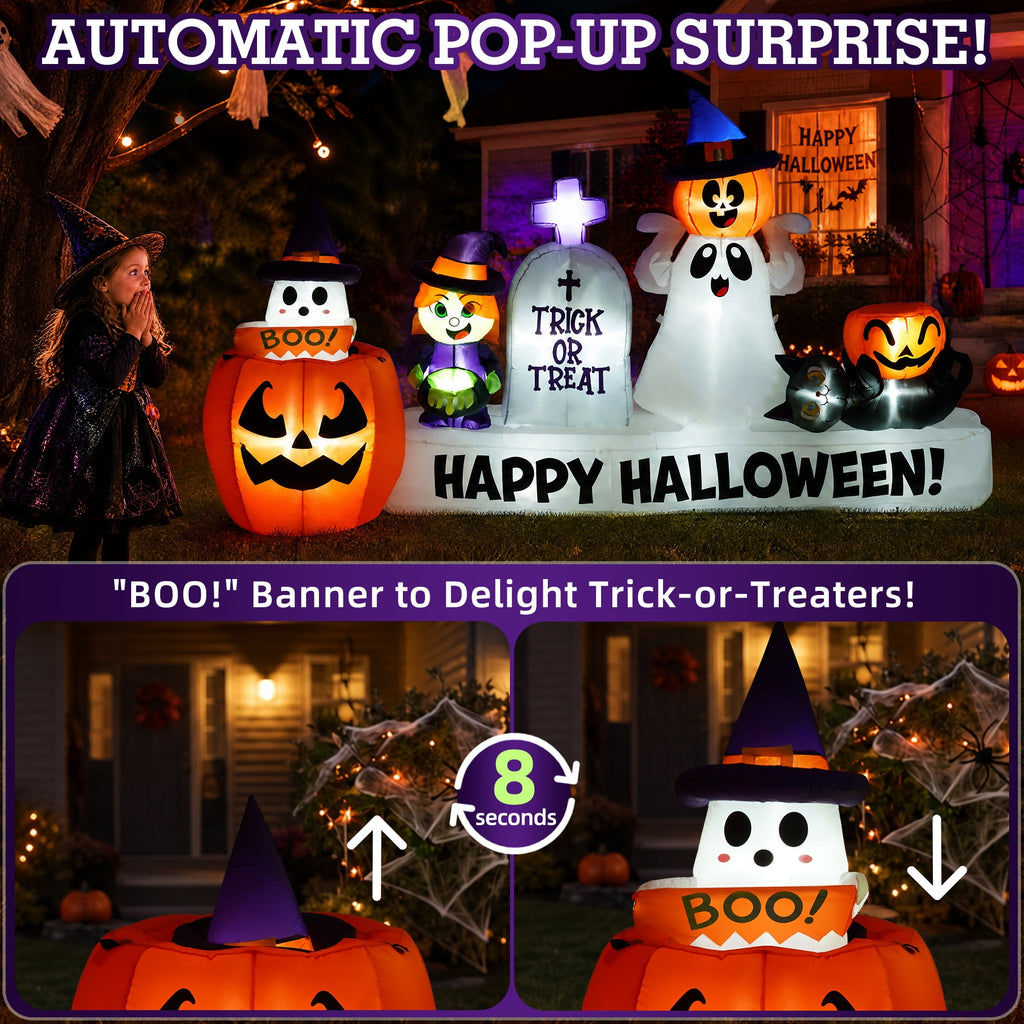 BSHAPPLUS® 9ft Halloween Inflatable Decorations,Blow up Yard Decor with Auto-Scaling Ghost in Pumpkin, Witch, Tombstone,Black Cat,Built-in LED,IP44 Waterproof for Outdoor Lawn Garden Party