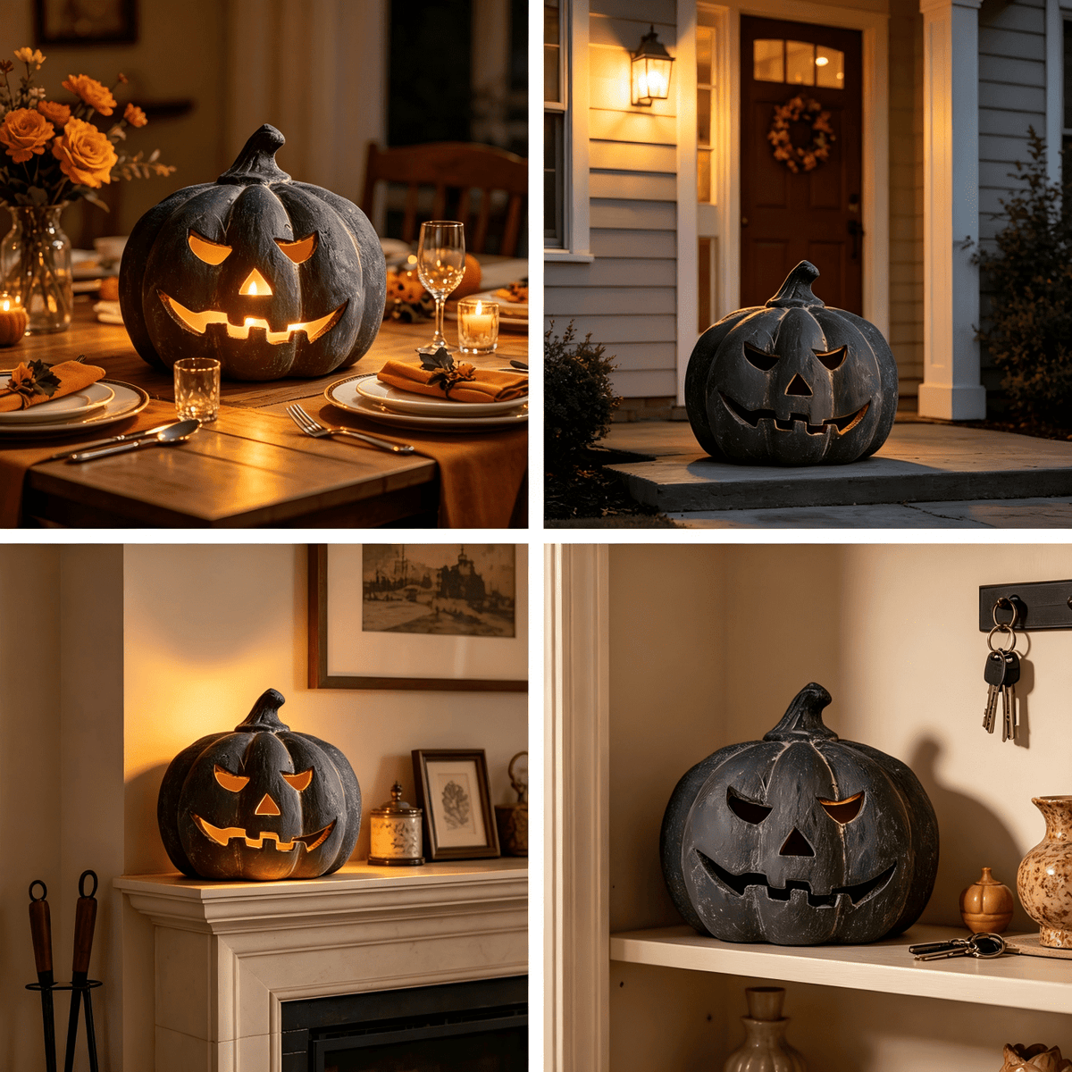 Halloween Decorations - 5.9" Black Handmade Resin Jack O Lantern Pumpkin Fall Decor, Indoor Outside Gothic Festival House Centerpiece Decoration for Table Garden Living Room Mantel