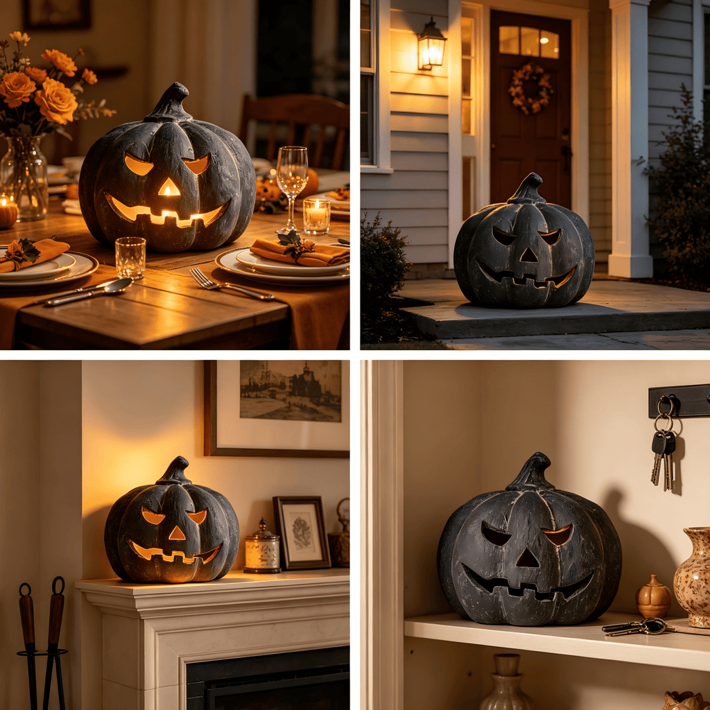 Halloween Decorations Outdoor - Fall Decor - 9.8"H Black Handmade Resin Jack O Lantern Pumpkin - Indoor Outside Gothic Festival House Centerpiece Decoration for Table Garden Living Room Mante