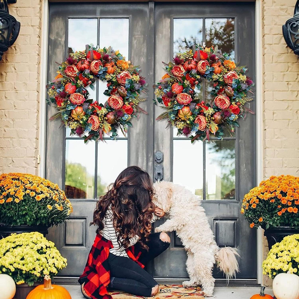 KOMI 2024 Fall Peony and Pumpkin Wreath for Front Door - Year Round Durable Farmhouse Wreath with Maple Leaves, Berries, Pinecones, and Pumpkins for Thanksgiving, Halloween, and Seasonal Home Decor