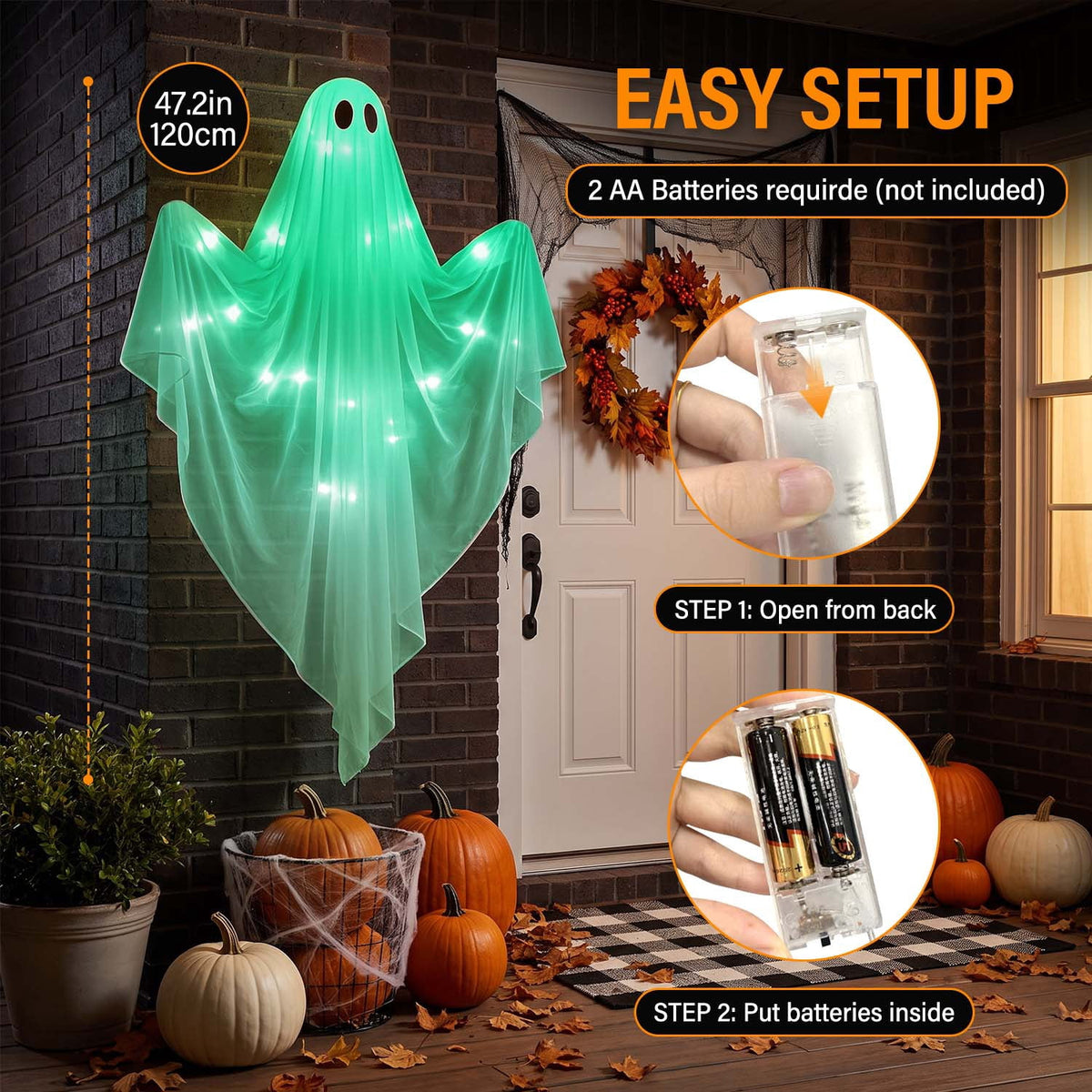 Ayieyill Halloween Ghost Decor with Blue LED Light, 47” Light up Hanging Ghost Halloween Yard Porch Decorations Outdoor