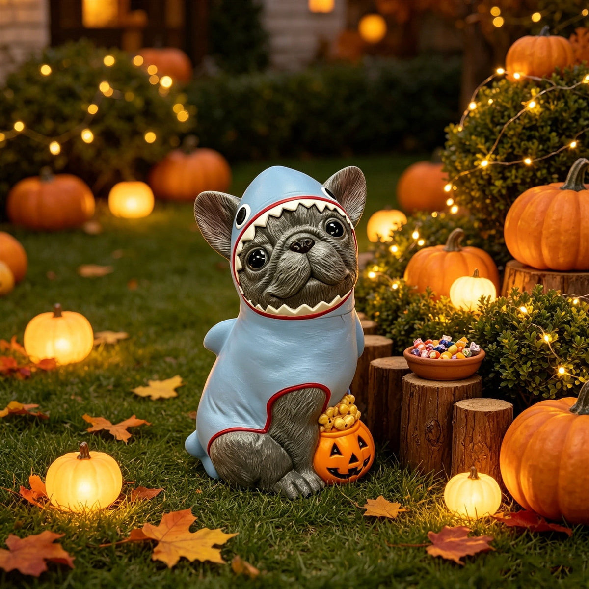 2026 New Halloween Light‑Up French Bulldog Figurine, Shark Outfit Dog Statue with Glowing Pumpkin, Waterproof Resin Table Holiday Decorations, Cute Spooky Halloween Decorations for Porch Yard Home