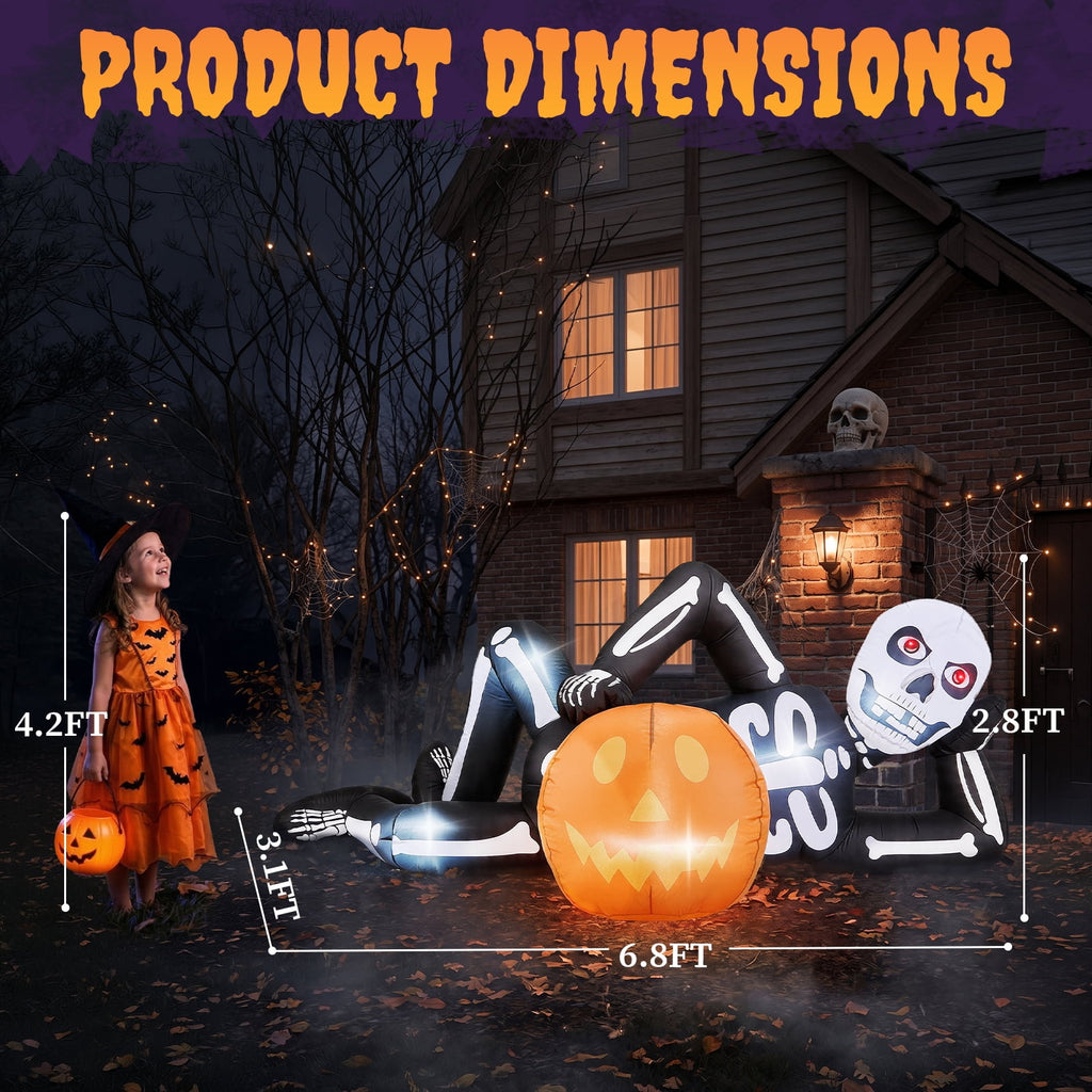 Ktaxon 7' Halloween Inflatables Skeleton Outdoor Halloween Decoration Reclining Skeleton with Pumpkin,Built-In LED Lights