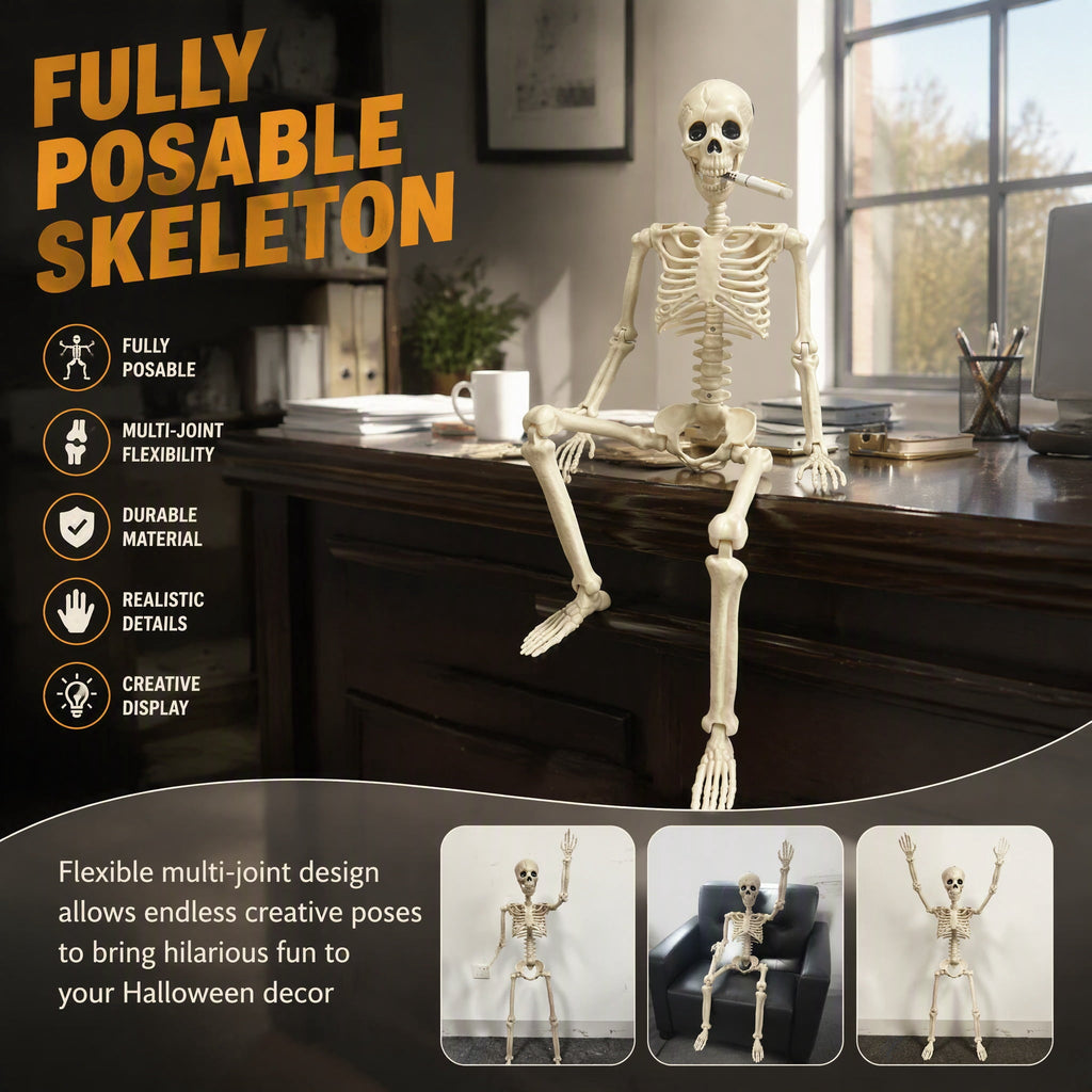 3.3 ft Halloween skeleton decoration, with movable joints, flexible skeleton for poses, scary skeleton suitable for indoor and outdoor Halloween decorations, haunted houses, courtyards, cemeteries