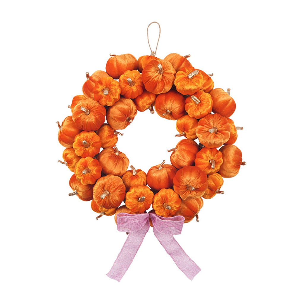 Handmade Fall Pumpkin Wreath, Soft Velvet Design with Linen Bow, Harvests Decors for Front Door, Great for Thanksgiving, Halloween, Mantel, and Porch, 16.93in