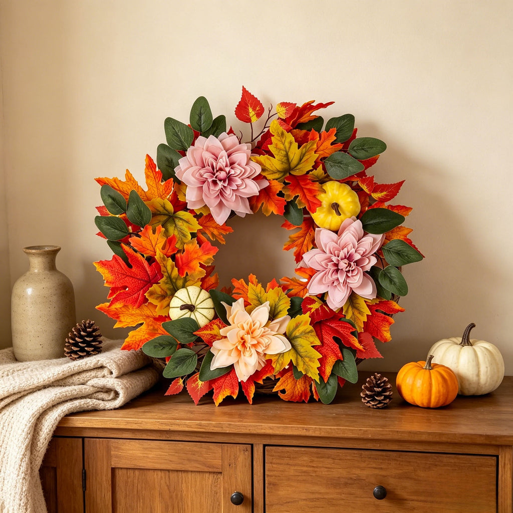 ICQOVD Halloween Pumpkin Maple Leaf Wreath with Skeleton Ornament Orange Black Bow Front Door Hanging Fall Home Decoration 15.75*15.75*3.15IN