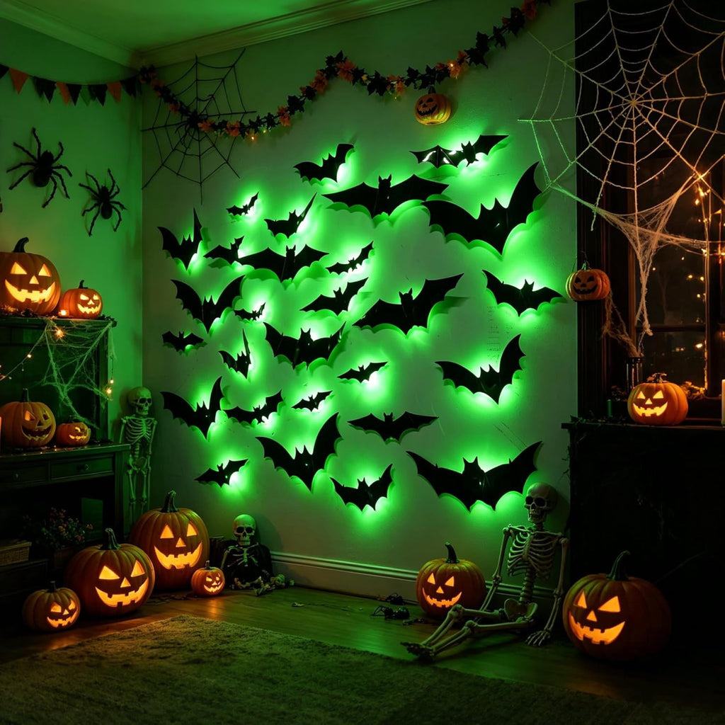 CQHVKQ 36 PCS Halloween Bats Decorations, Realistic 3D LED Bats Wall Stickers Decor, Assorted Size Removable Lighted PVC Bats DIY Wall Sticker for Halloween Party, Bedroom, Home, Indoor and Outdoor