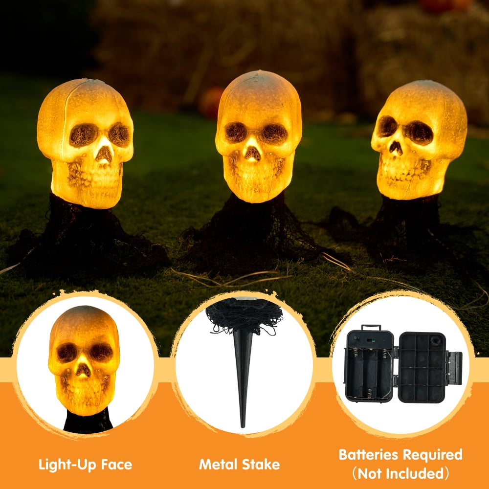 Joyfy 3 Pack 3D Halloween Skull Head Pathway Lights Decorations Outdoor, Battery Operated Spooky Skeleton Decor with 3 Stakes for Home Front Porch Yard Decor