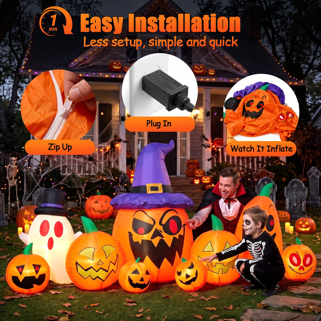 GVDV 8FT Halloween Inflatables Pumpkin Decorations with Witch Hat & Build-in LEDs, Halloween Blow Ups Indoor/Outdoor Decor for Party, Yard, Lawn