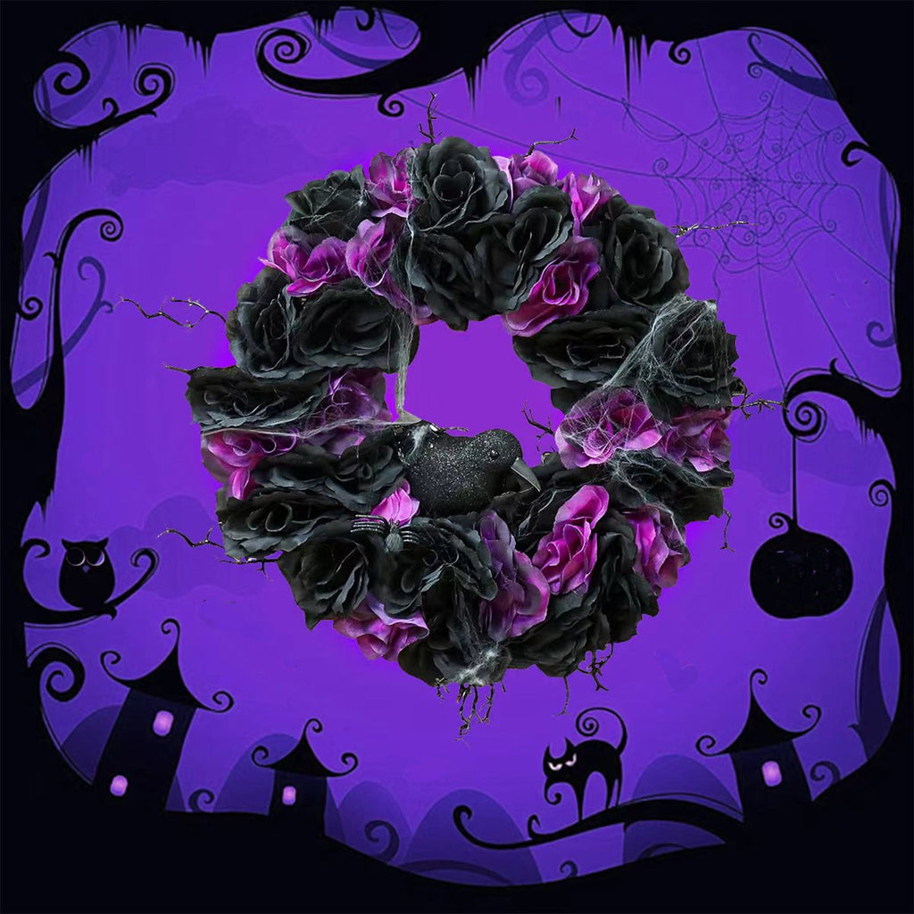 Fankiway Halloween Wreaths for front door, Halloween Black Flower Wreath Wall Door Hanging Festival Party Decor, Halloween Outdoor Wreath, Halloween Decorations