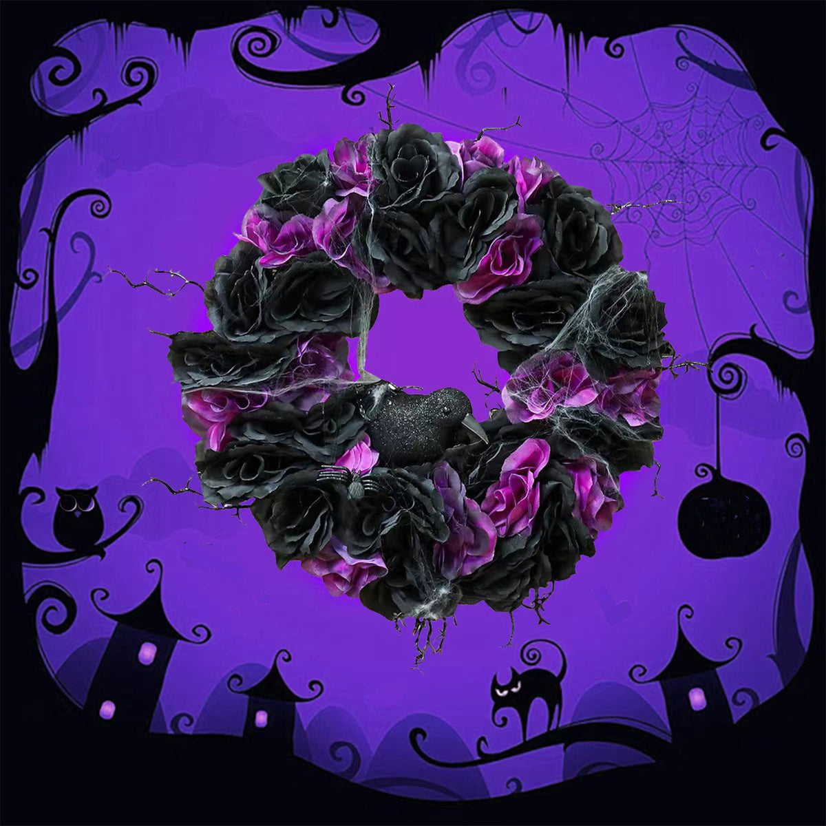 Fankiway Halloween Wreaths for front door, Halloween Black Flower Wreath Wall Door Hanging Festival Party Decor, Halloween Outdoor Wreath, Halloween Decorations