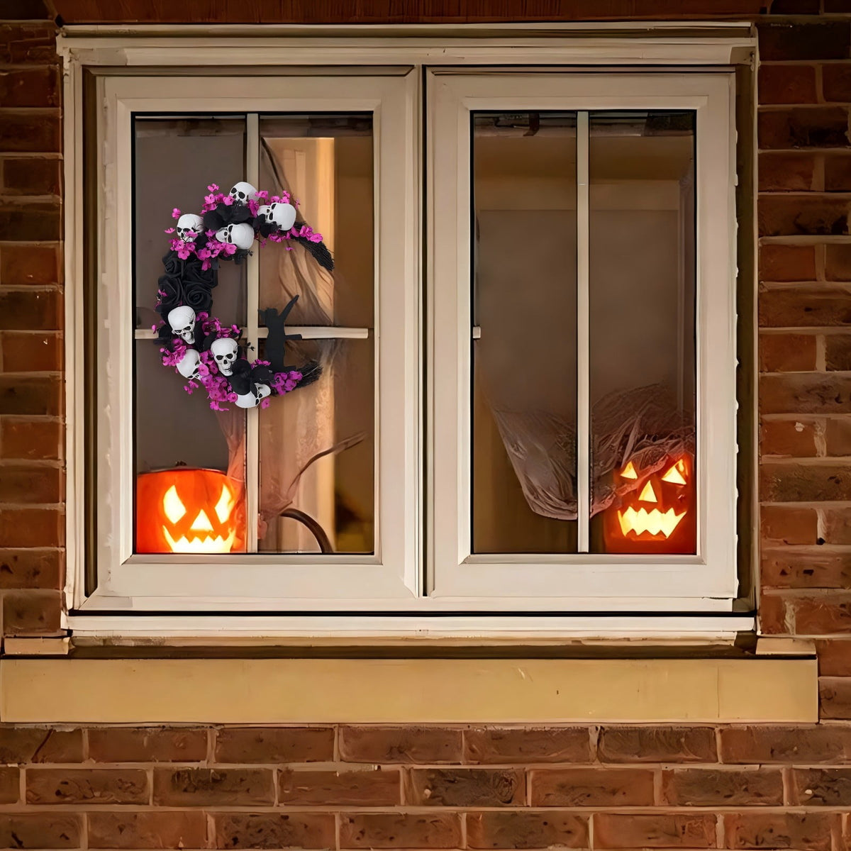 Halloween Moon Wreath with Skull & Mini Black Cat, Grapevine Wreath forFront Door, Halloween Door Wreath Decor forHome Party indoor Outdoor